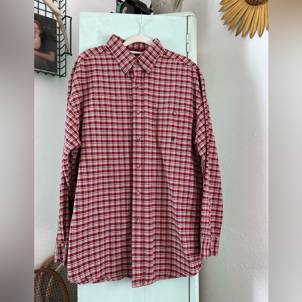 Twenty X Long Sleeve Button Down, Red Orange Blue Plaid, Size XL
